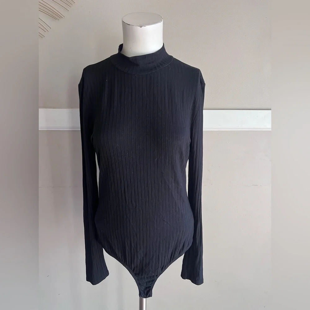 Ambiance Black Ribbed Long-Sleeve Mock Neck Bodysuit